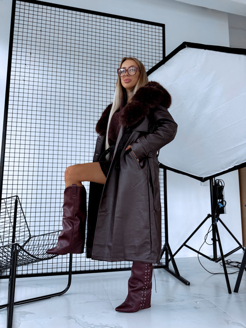 "PUDDING CV2184" Faux Leather Trench – Brown